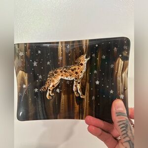 Handmade stained glass painted coyote dish from an artist in Montana